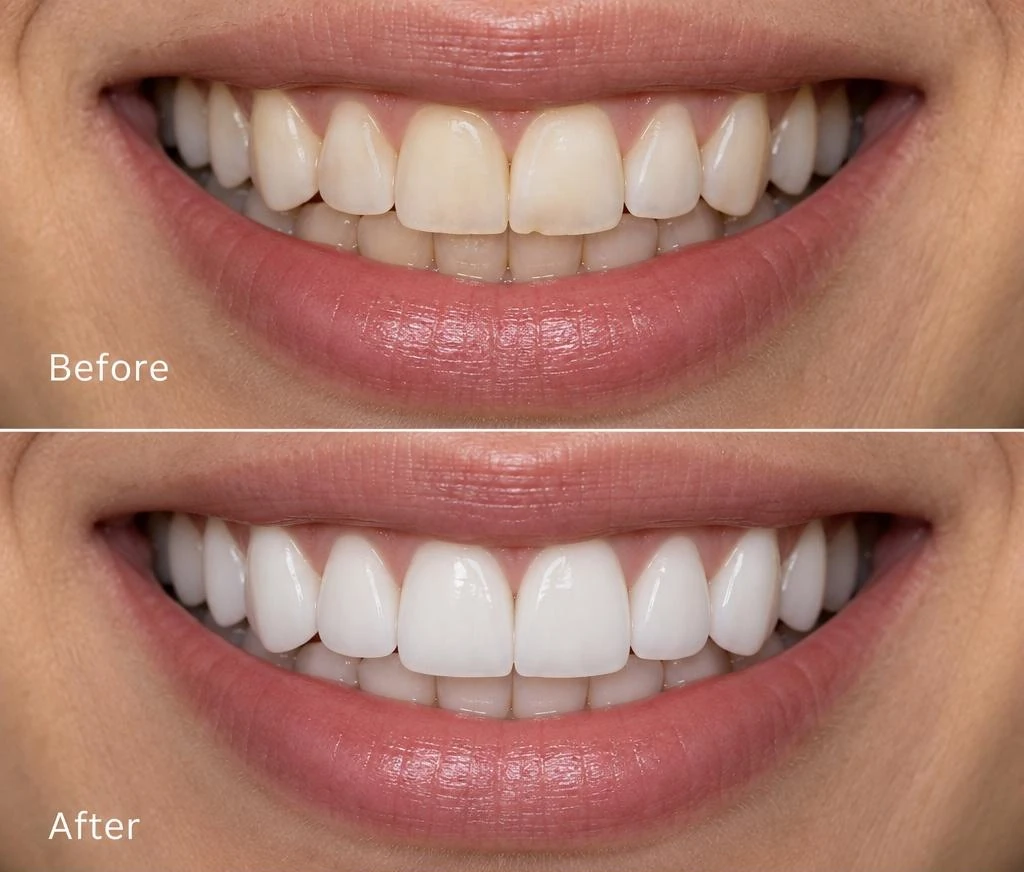 A smile before and after porcelain veneers