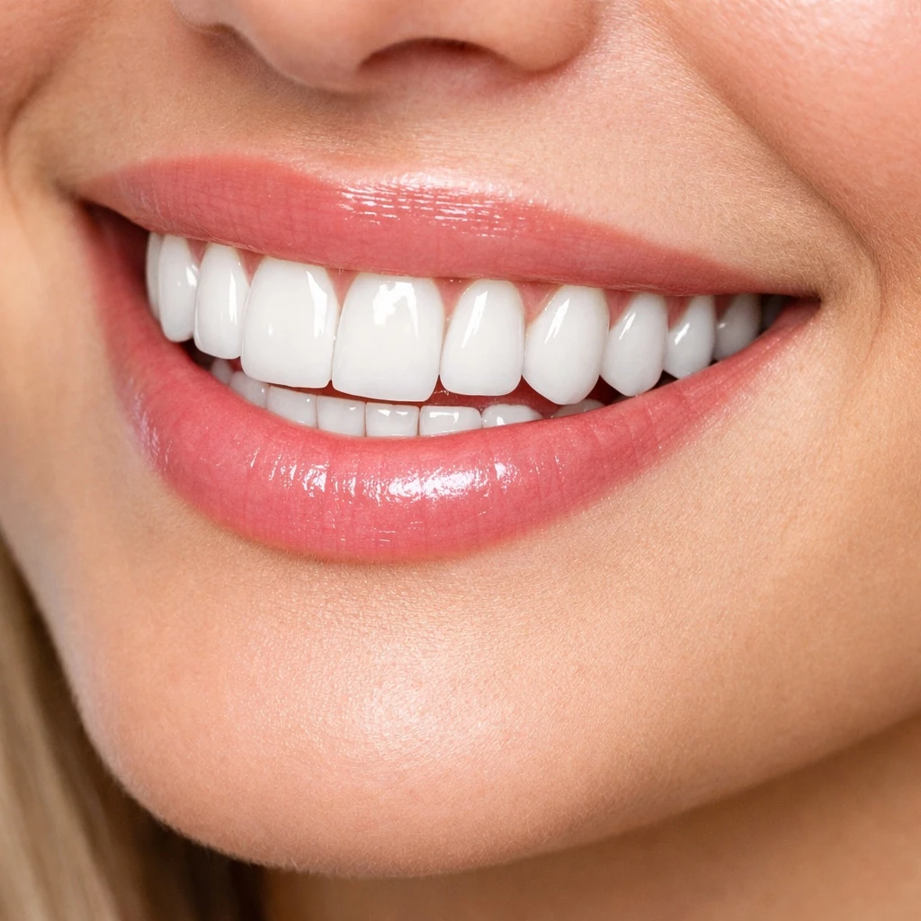Close-up of a bright, natural-looking smile with porcelain veneers