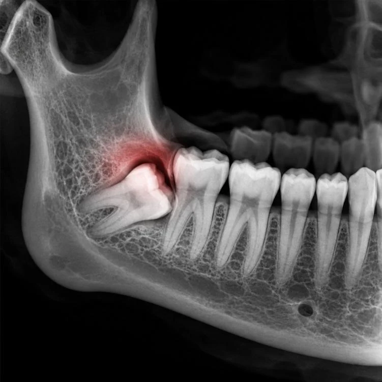 X-ray image highlighting an impacted wisdom tooth